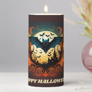 Haunted House, Full Moon and Bats Halloween Pillar Candle