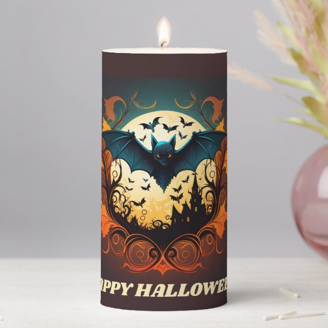Haunted House, Full Moon and Bats Halloween Pillar Candle (In Situ)