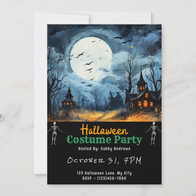 Haunted House Full Moon Bats Black Halloween Invitation (Front)