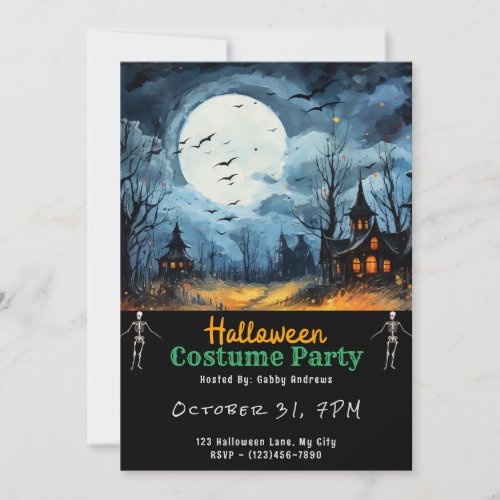 Haunted House Full Moon Bats Black Halloween Invitation