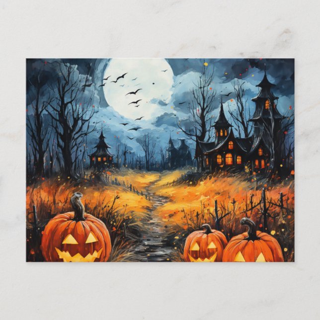 Haunted House Full Moon bats pumpkins Halloween Holiday Postcard (Front)