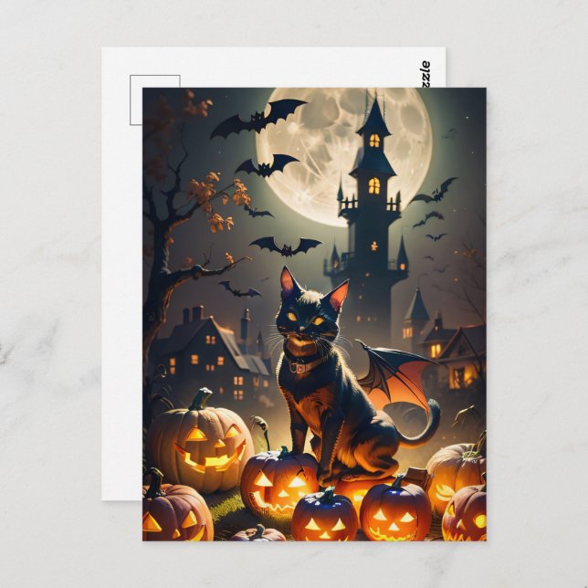 Haunted House, Full Moon, Black Cat Halloween Postcard (Front/Back)