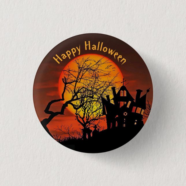 Haunted House Full Moon Graphic Halloween Button (Front)