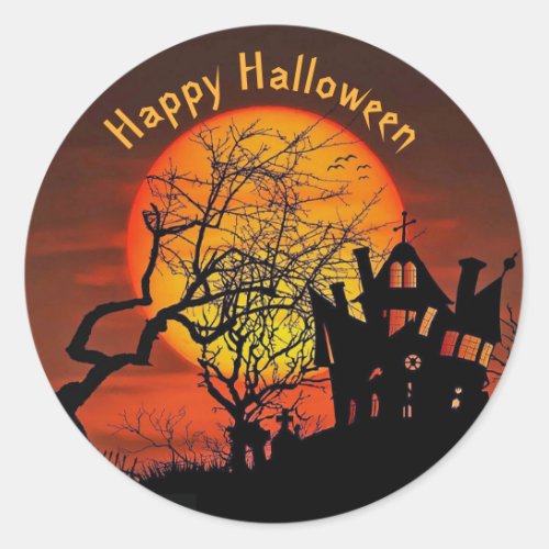 Haunted House Full Moon Graphic Halloween Classic Round Sticker