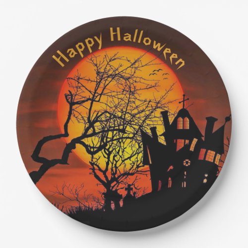 Haunted House Full Moon Graphic Halloween Paper Plates