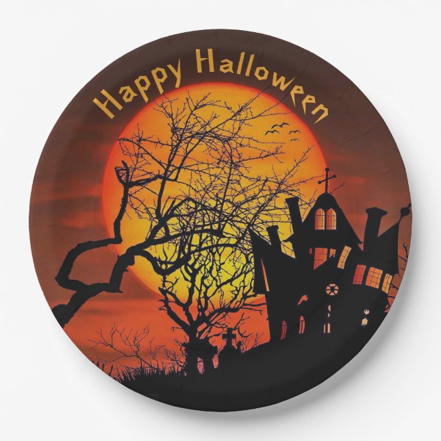 Haunted House Full Moon Graphic Halloween Paper Plates (Front)