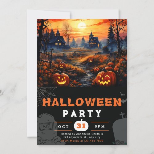 Haunted House Full Moon Pumpkins Black Halloween Invitation