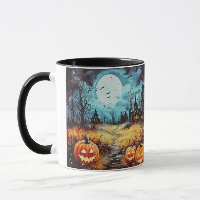 Haunted House Full Moon Pumpkins Halloween Mug (Left)
