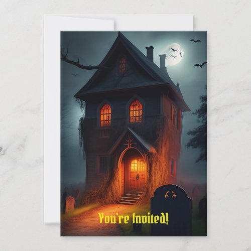 Haunted House Full Moon Tombstone Bats Halloween Invitation