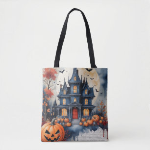 Haunted house full moon tote bag