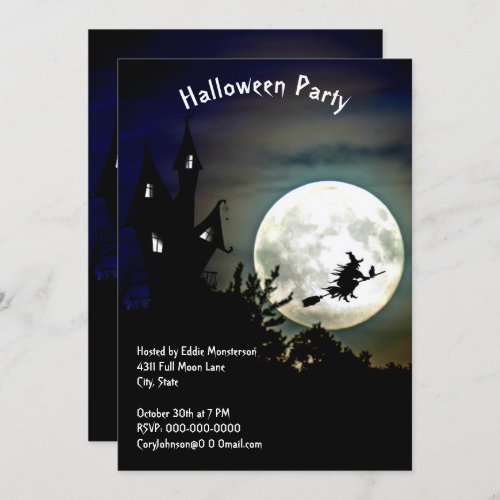 Haunted House Full Moon Witch Halloween Party Invitation