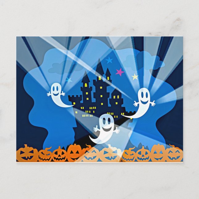 Haunted House, Ghost and Pumpkins Postcard (Front)