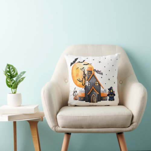 Haunted House Ghosts Full Moon White Halloween Throw Pillow