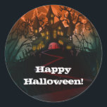 Haunted House Graveyard Halloween Party Classic Round Sticker<br><div class="desc">customize with any text. The Halloween Party Text is removable or can be re-positioned.
Created by:Brochure vector created by Freepik</div>