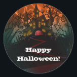 Haunted House Graveyard Halloween Party Classic Round Sticker<br><div class="desc">customize with any text. The Halloween Party Text is removable or can be re-positioned.
Created by:Brochure vector created by Freepik</div>
