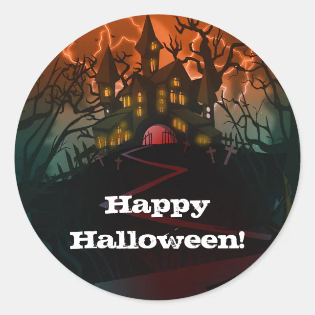Haunted House Graveyard Halloween Party Classic Round Sticker | Zazzle