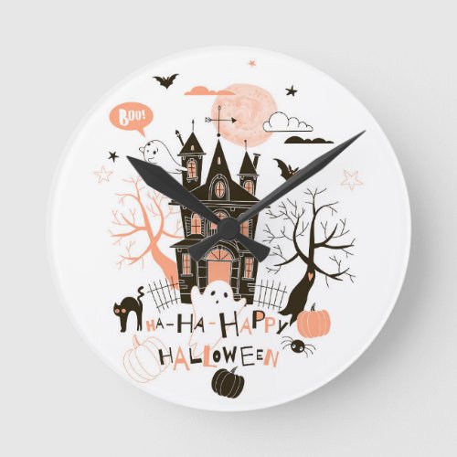 Haunted House Ha Ha Happy Halloween Round Clock