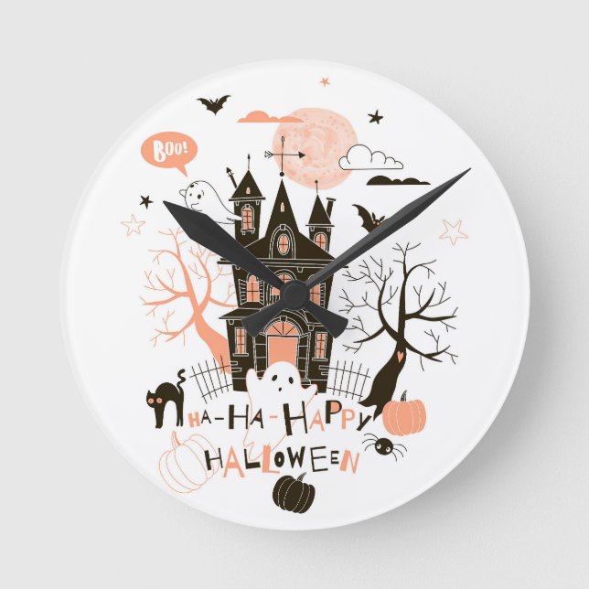 Haunted House "Ha Ha Happy Halloween" Round Clock (Front)
