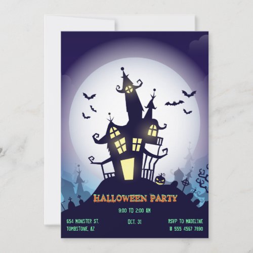 HAUNTED HOUSE Halloween Bat Moon Social Party Invitation
