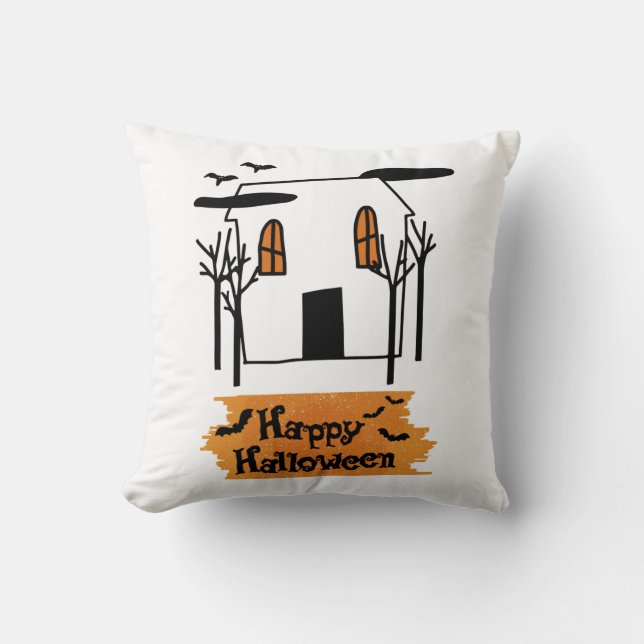 Haunted House Halloween Cute Doodle T-Shirt Throw Pillow (Front)