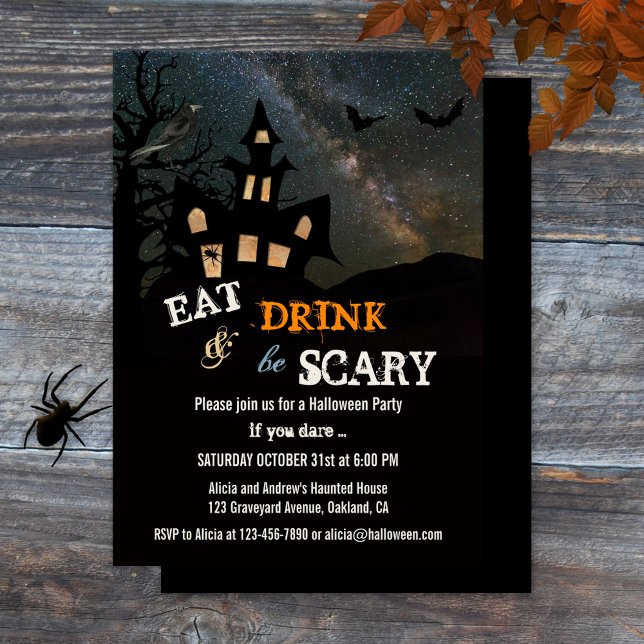 Haunted House Halloween Dinner Party Invitation (Halloween dinner party invitation featuring a haunted house on a hill at night, with spider and bats)