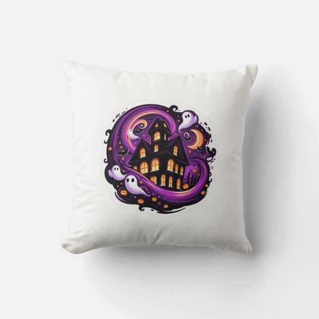 Haunted House Halloween Ghosts, Pumpkins & Bats  Throw Pillow (Front)