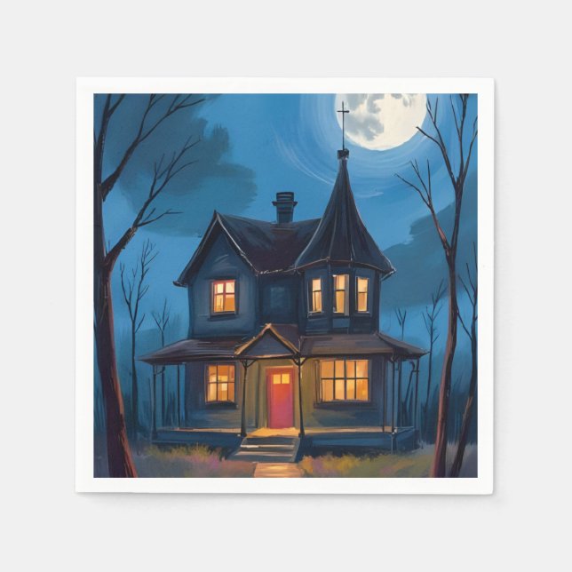 Haunted House Halloween Hand-Painted Napkins (Front)