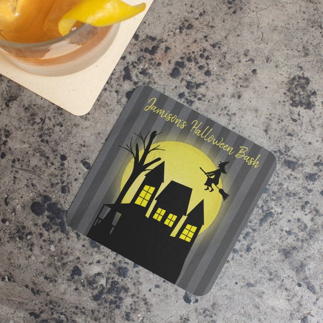 Haunted House Halloween Party Custom Square Paper Coaster (Cute haunted house custom party coaster)