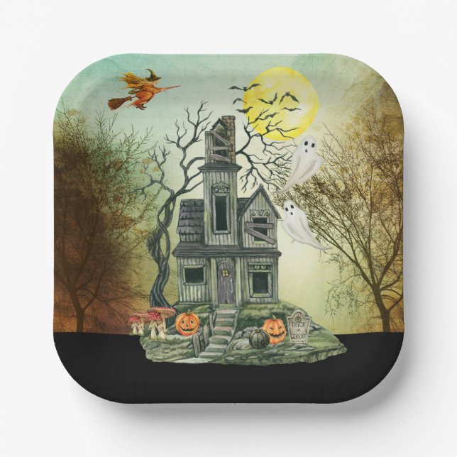Haunted House Halloween Party Paper Plates (Front)
