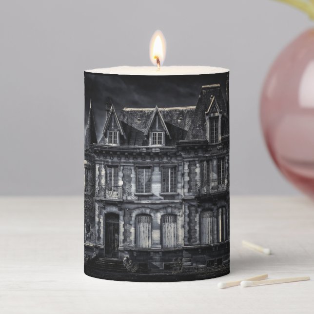 Haunted House Halloween Pillar Candle (In Situ)