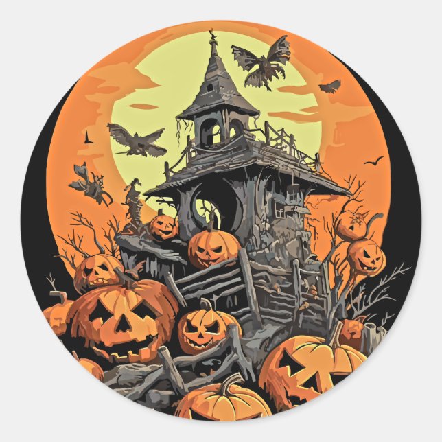 Haunted House Halloween Pumpkin Patch Classic Round Sticker (Front)