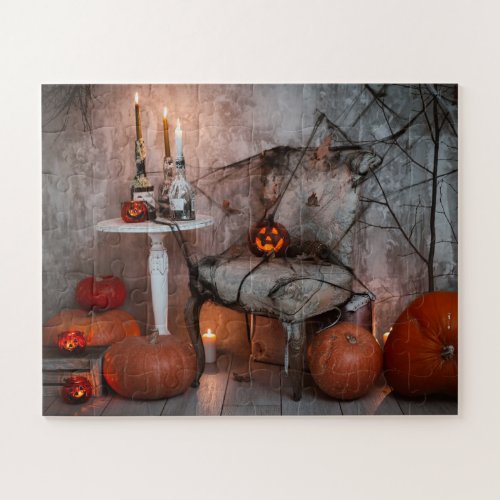 Haunted House Halloween Pumpkins Candles Jigsaw Puzzle