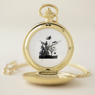 Haunted House Halloween T-Shirt Flying Bats, Witch Pocket Watch