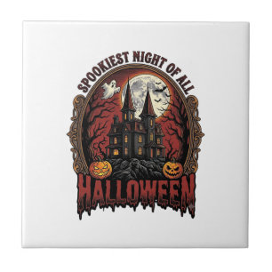 Haunted House Halloween Vintage Engraving Spooky N Ceramic Tile