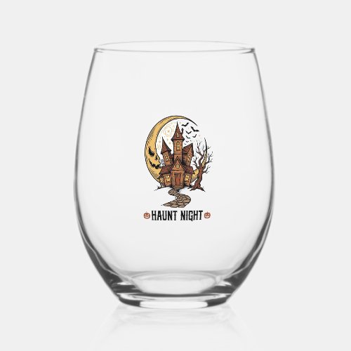 Haunted House Halloween Vintage Engraving White Sh Stemless Wine Glass