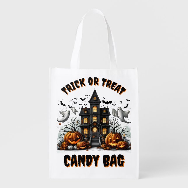 Haunted house Halloween with pumpkins Grocery Bag (Front)