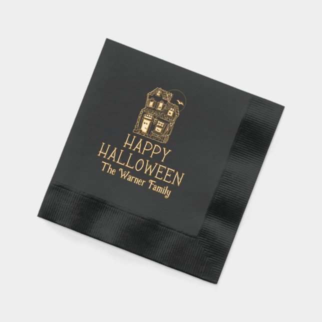 Haunted House Happy Halloween Draped in Spiderwebs Foil Napkins (Left)