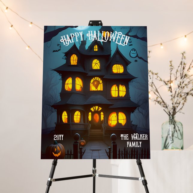 Haunted House Happy Halloween Family Name | Year Foam Board (In Situ (Stand))