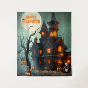 Haunted House Happy Halloween Family Name   Year Tapestry