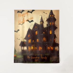 Haunted House Happy Halloween Family Name   Year Tapestry