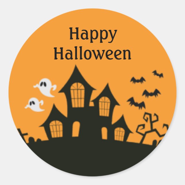 Haunted House Happy Halloween Orange Black Spooky Classic Round Sticker (Front)
