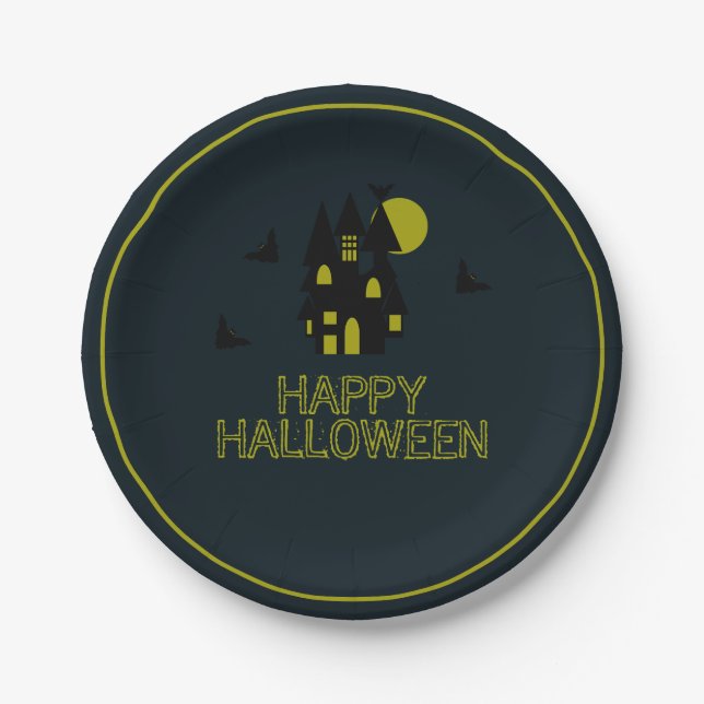 Haunted House, Happy Halloween Paper Plates (Front)
