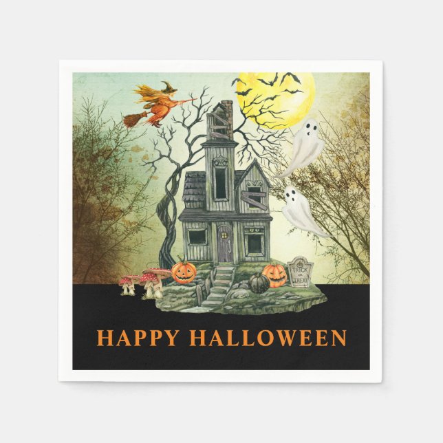 Haunted House Happy Halloween Party Napkins (Front)