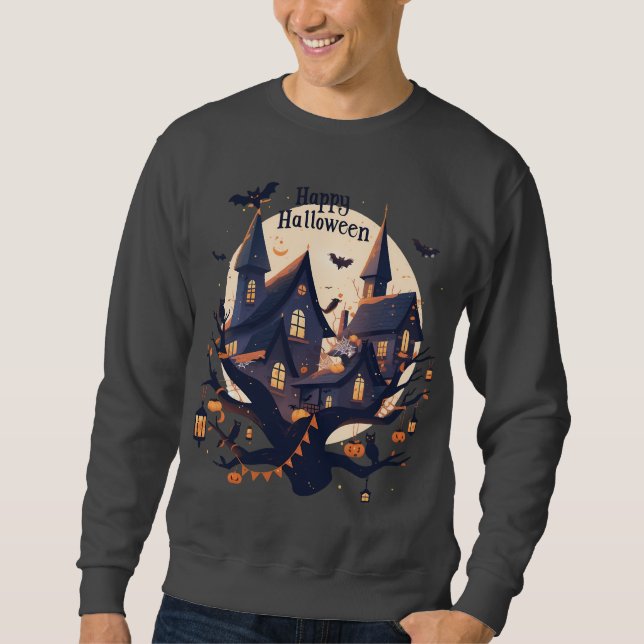 Haunted House “Happy Halloween” T-Shirt Sweatshirt (Front)
