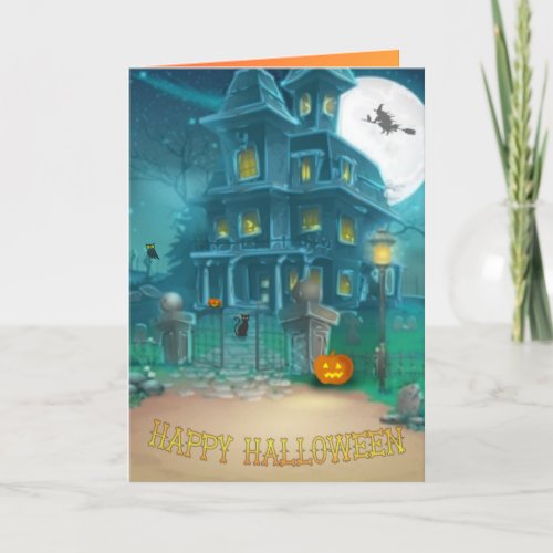 Haunted House Happy Halloween_witch pumpkin owl Card