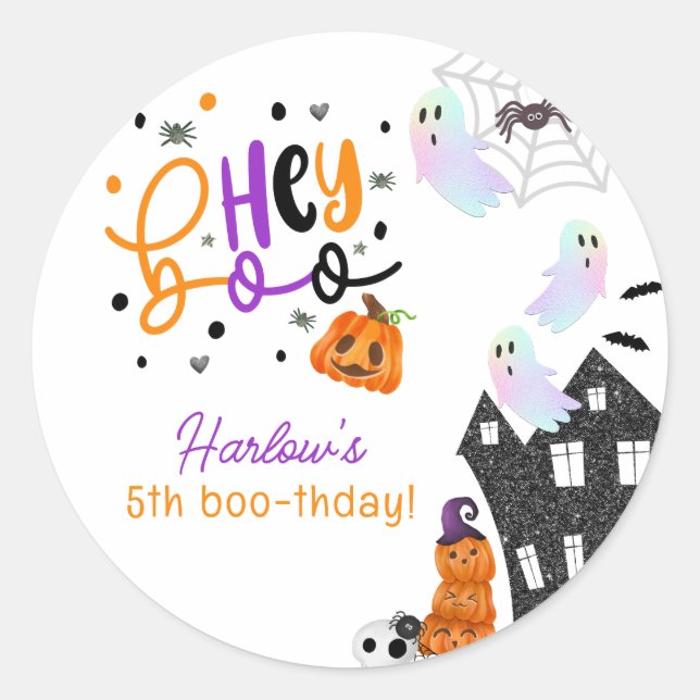 Haunted House Hey Boo Purple Halloween Birthday  Classic Round Sticker (Front)