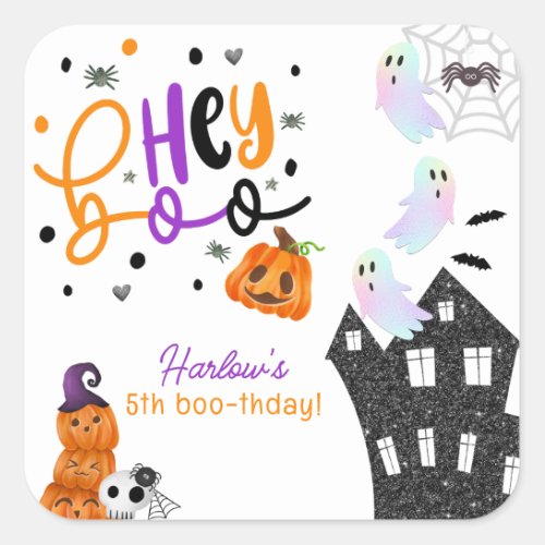 Haunted House Hey Boo Purple Halloween Birthday  Square Sticker
