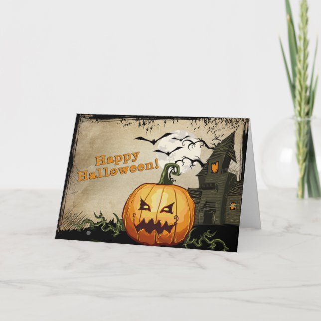 Haunted House & Jack o' Lantern Halloween Card (Front)