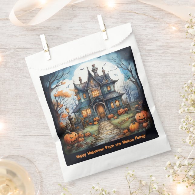Haunted House Jack-O' Lanterns Happy Halloween Favor Bag (Clipped)