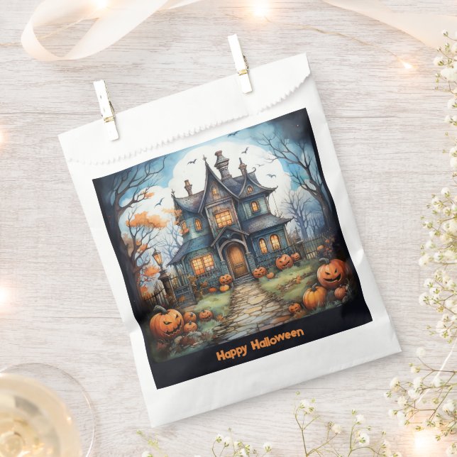Haunted House Jack-O' Lanterns Happy Halloween Favor Bag (Clipped)